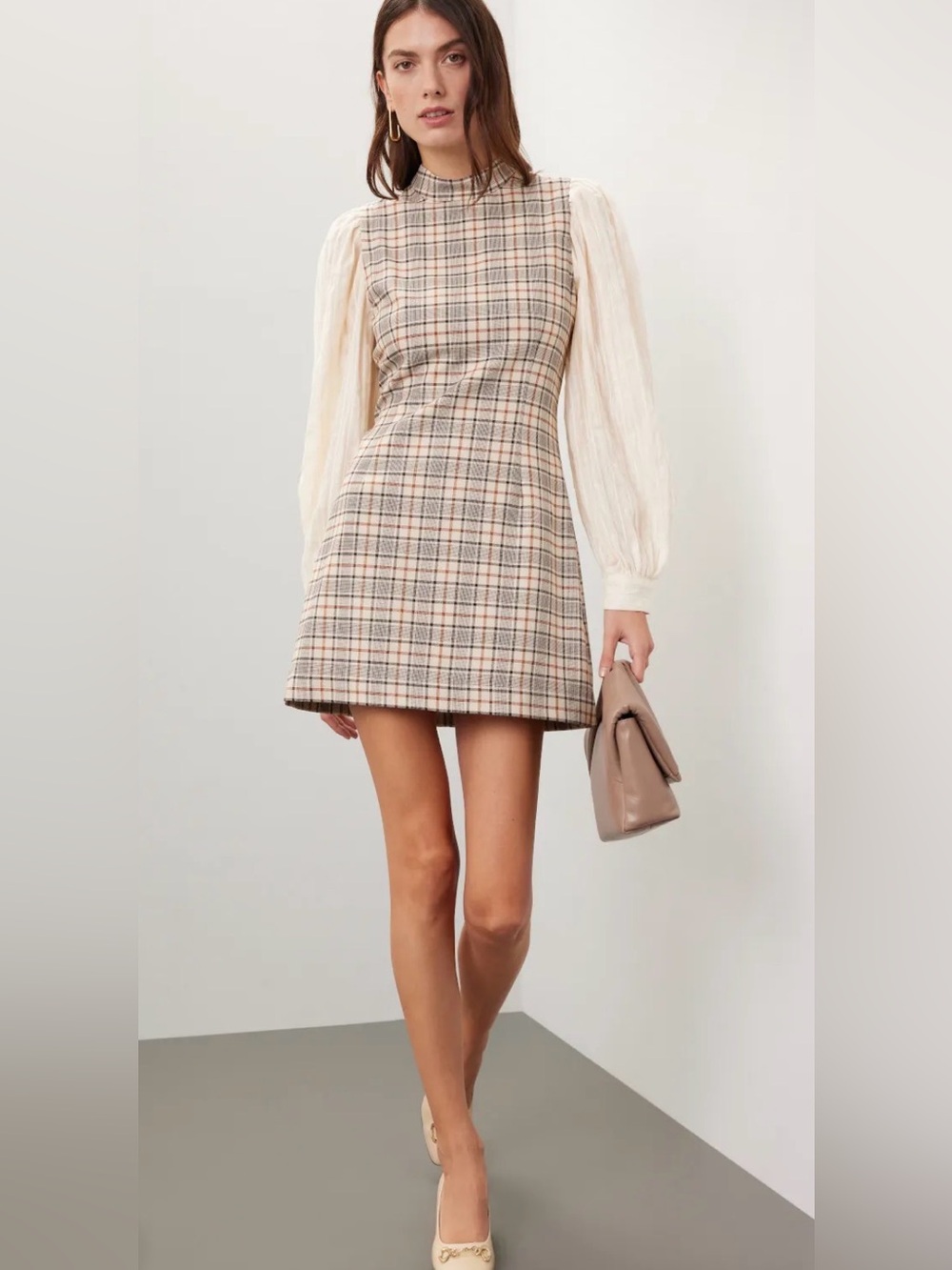 Sea New York Beatriz Plaid Mini Dress with Cream Puff Sleeves A16